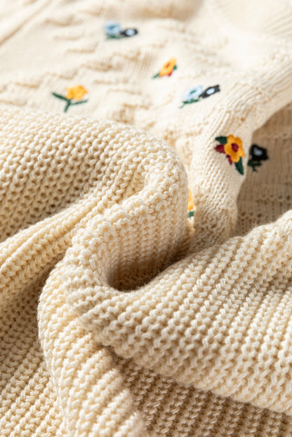 Embroidered Mixed Texture Knit Casual Sweater