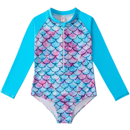 Children's Mermaid Scale One-Piece Swimsuit with Long Sleeves