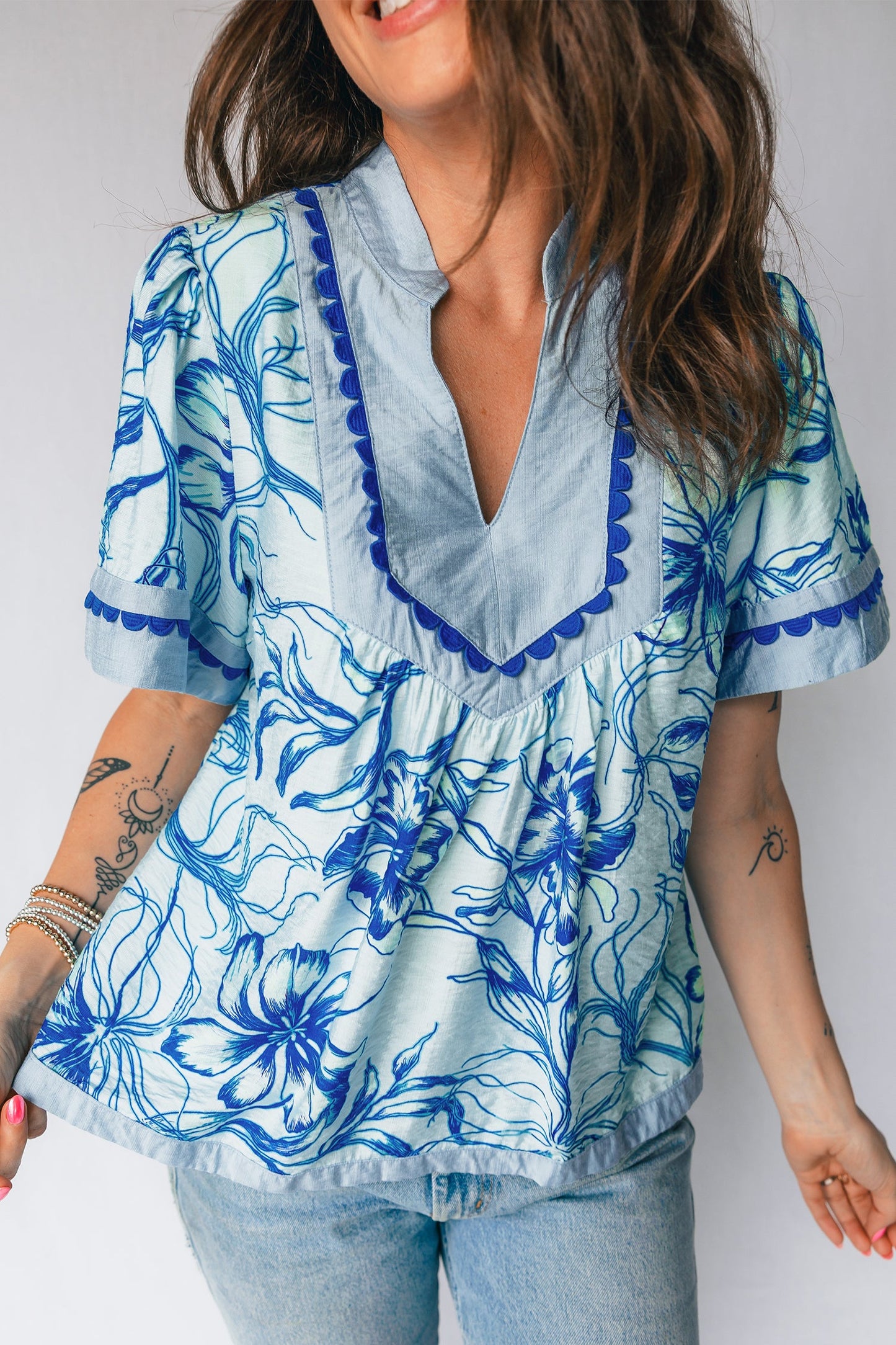 Floral Ricrac Trim V-Neck Blouse