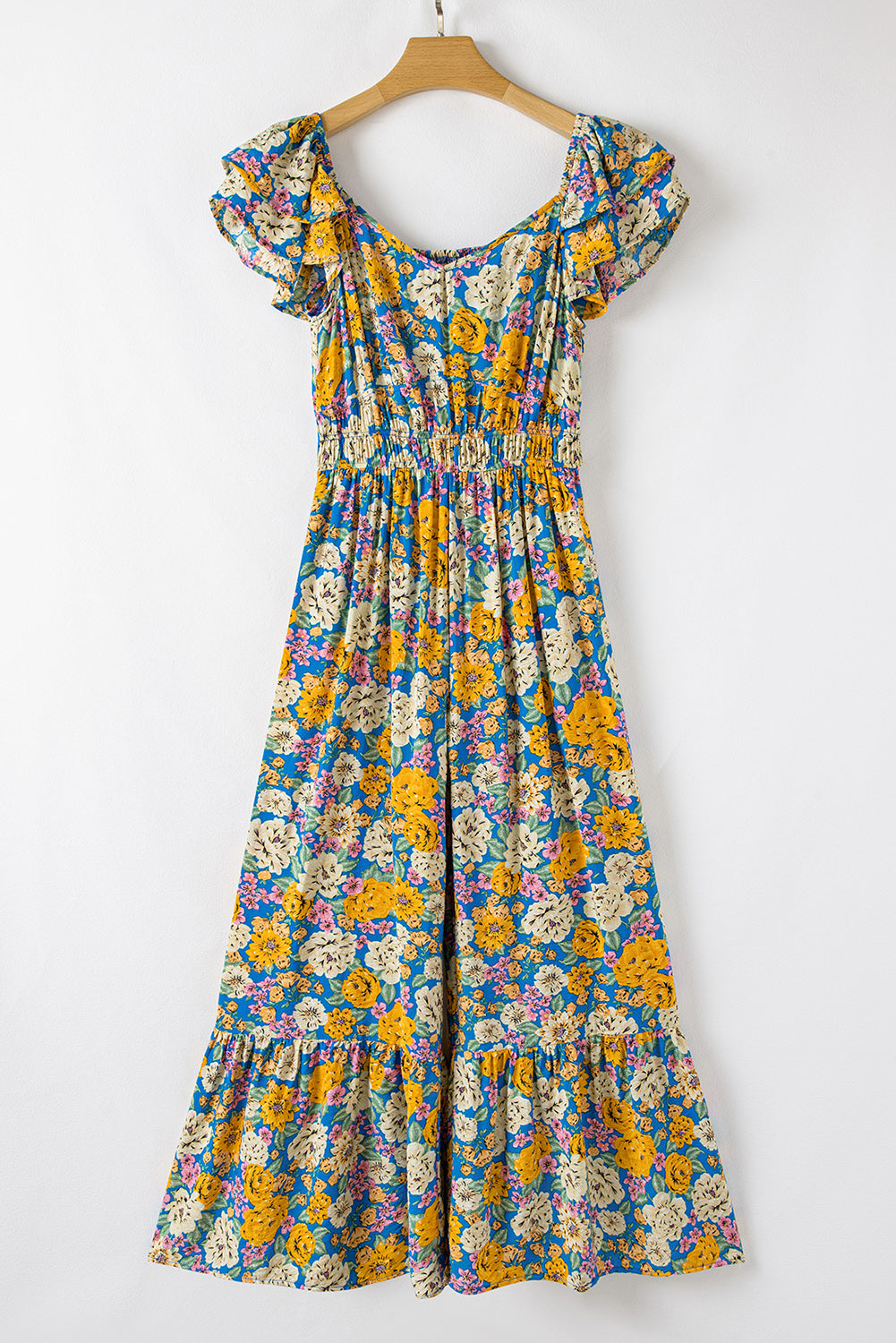 Floral Allover Shirred Cut Out Jumpsuit