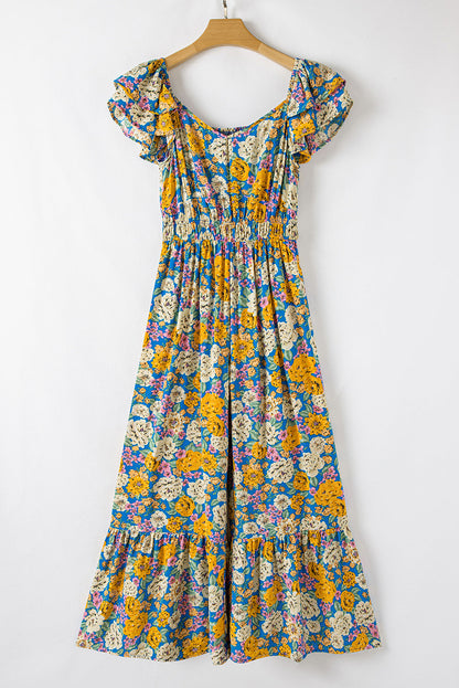 Floral Allover Shirred Cut Out Jumpsuit