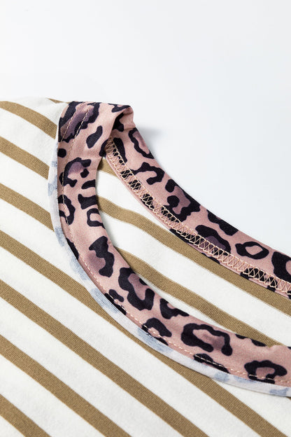 Stripe Leopard Patchwork Round Neck Loose T-Shirt