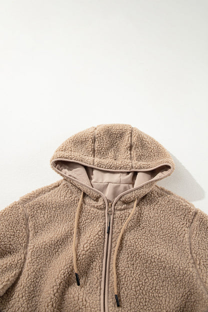 Solid Fleece Zip-Up Drawstring Pocketed Hooded Jacket