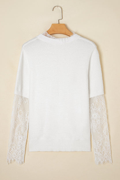 Lace Patchwork Sleeve Faux Two-Piece Fuzzy Sweater
