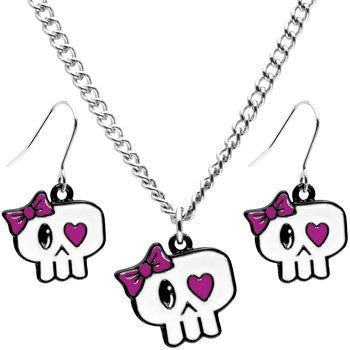 Heart Eyed Bow Skull Earring and Necklace Set
