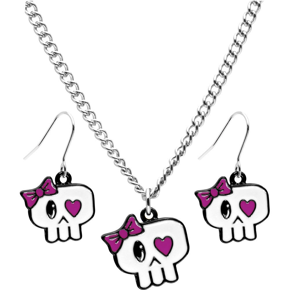 Heart Eyed Bow Skull Earring and Necklace Set