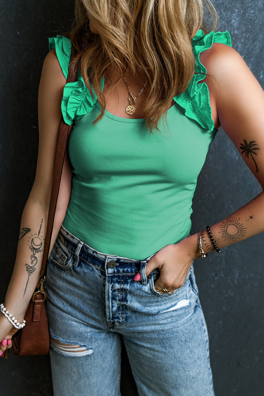 Ruffle Wide Straps Slim Tank Top