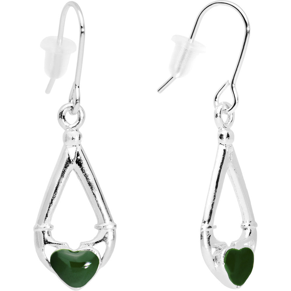 Green Heart Claddagh Dangle Earrings