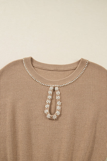 Pearl Embellished Keyhole Ribbed Sweater Dress
