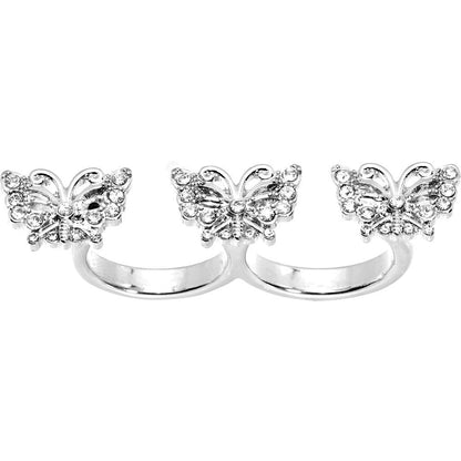 Silver Tone Crystalline Butterfly Trio Double Finger Ring