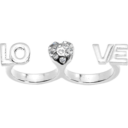 Silver Tone Heart Love Double Finger Ring