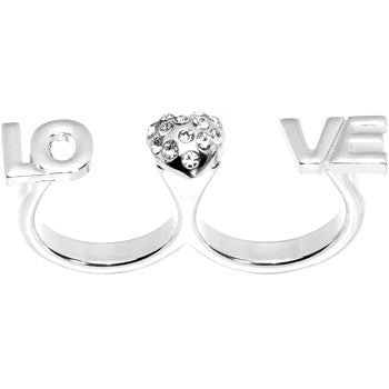 Silver Tone Heart Love Double Finger Ring