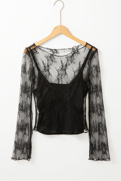 Lace Mesh Crochet Long Sleeve Blouse