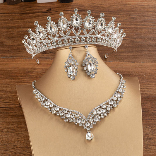 Elegant Bridal Alloy Diamond Crown Set with Exquisite Earrings and Necklace in 5 Colors