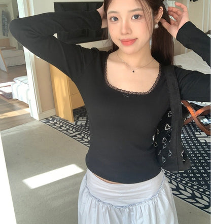 Lace Floral Shoulder Long Sleeve Slim-fit Crop Top