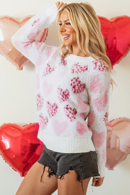 Valentine Leopard Heart Pearl Beaded Fuzzy Sweater