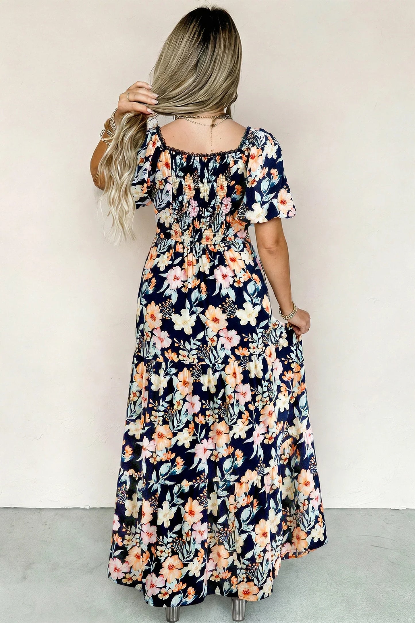 Floral Short-Sleeve Smock High-Waist Maxi Dress