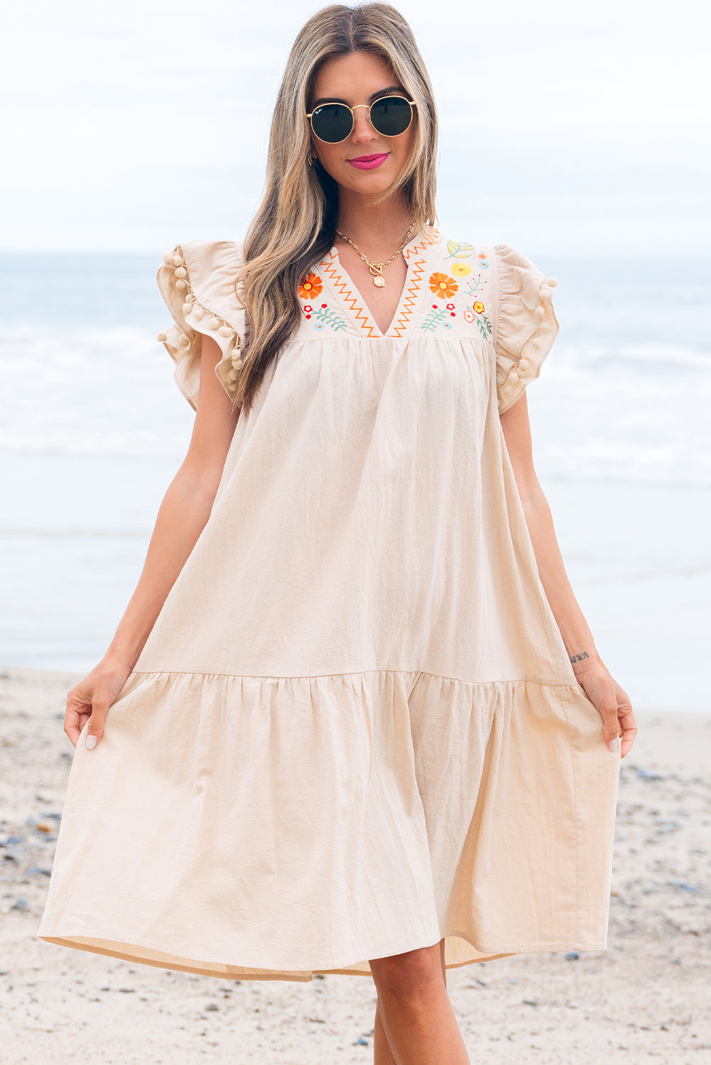 Linen Embroidery Pom Pom Ruffle Dress