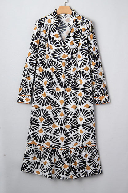 Abstract Floral V-Neck Long Sleeve Maxi Dress