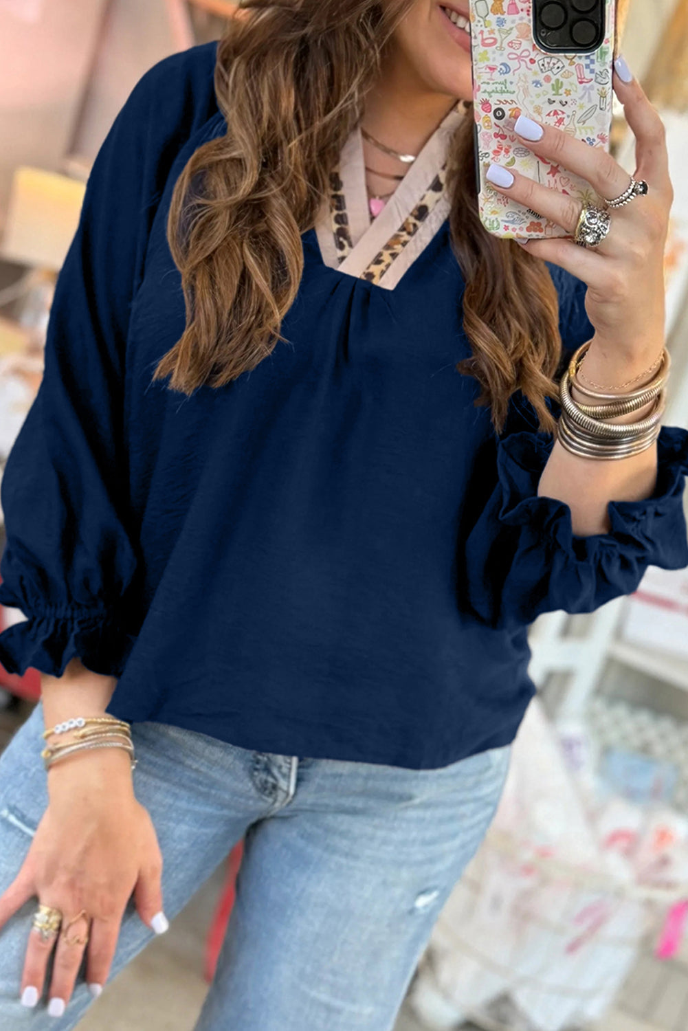 Leopard Trim Flounced  3/4 Sleeve V-Neck Blouse
