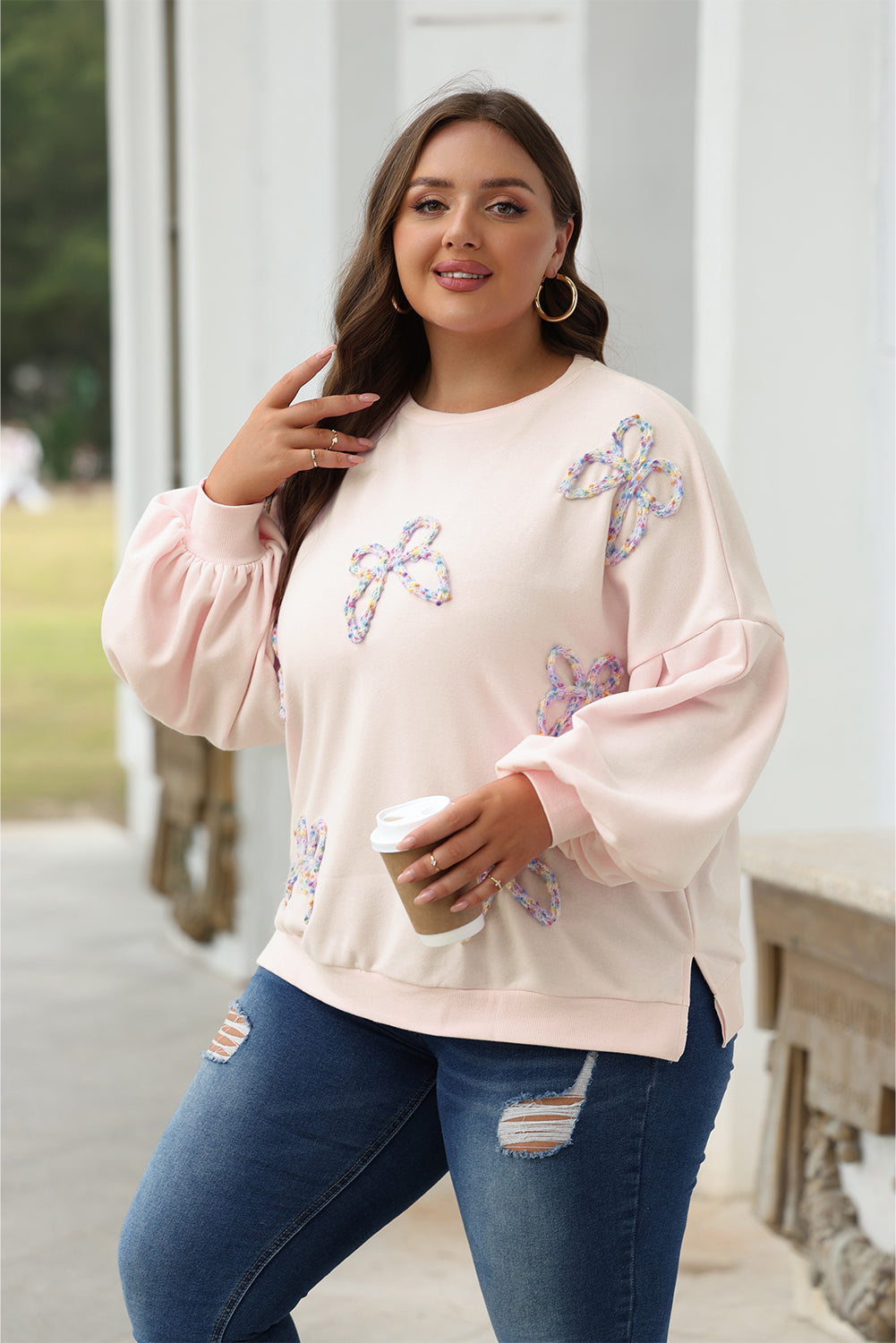 Valentine Bow Embroidered Lantern Sleeve Sweatshirt