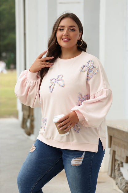 Valentine Bow Embroidered Lantern Sleeve Sweatshirt