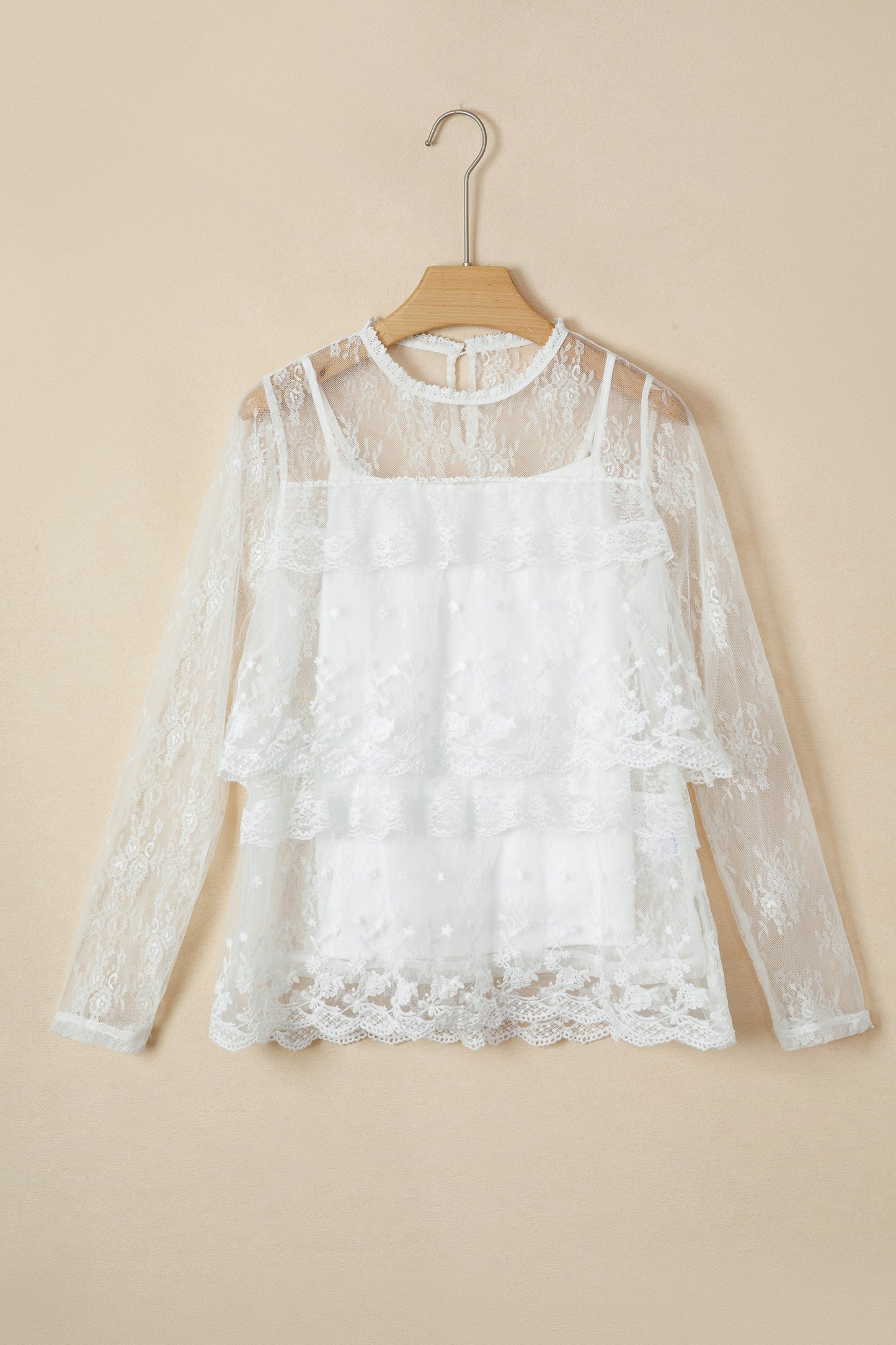 2pcs Sheer Floral Lace Ruffle Tiered Blouse