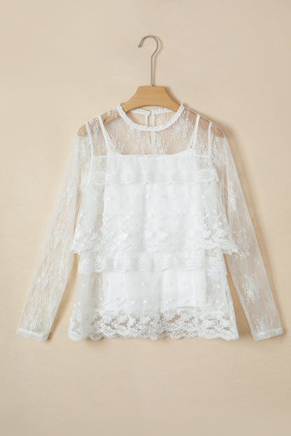 2pcs Sheer Floral Lace Ruffle Tiered Blouse