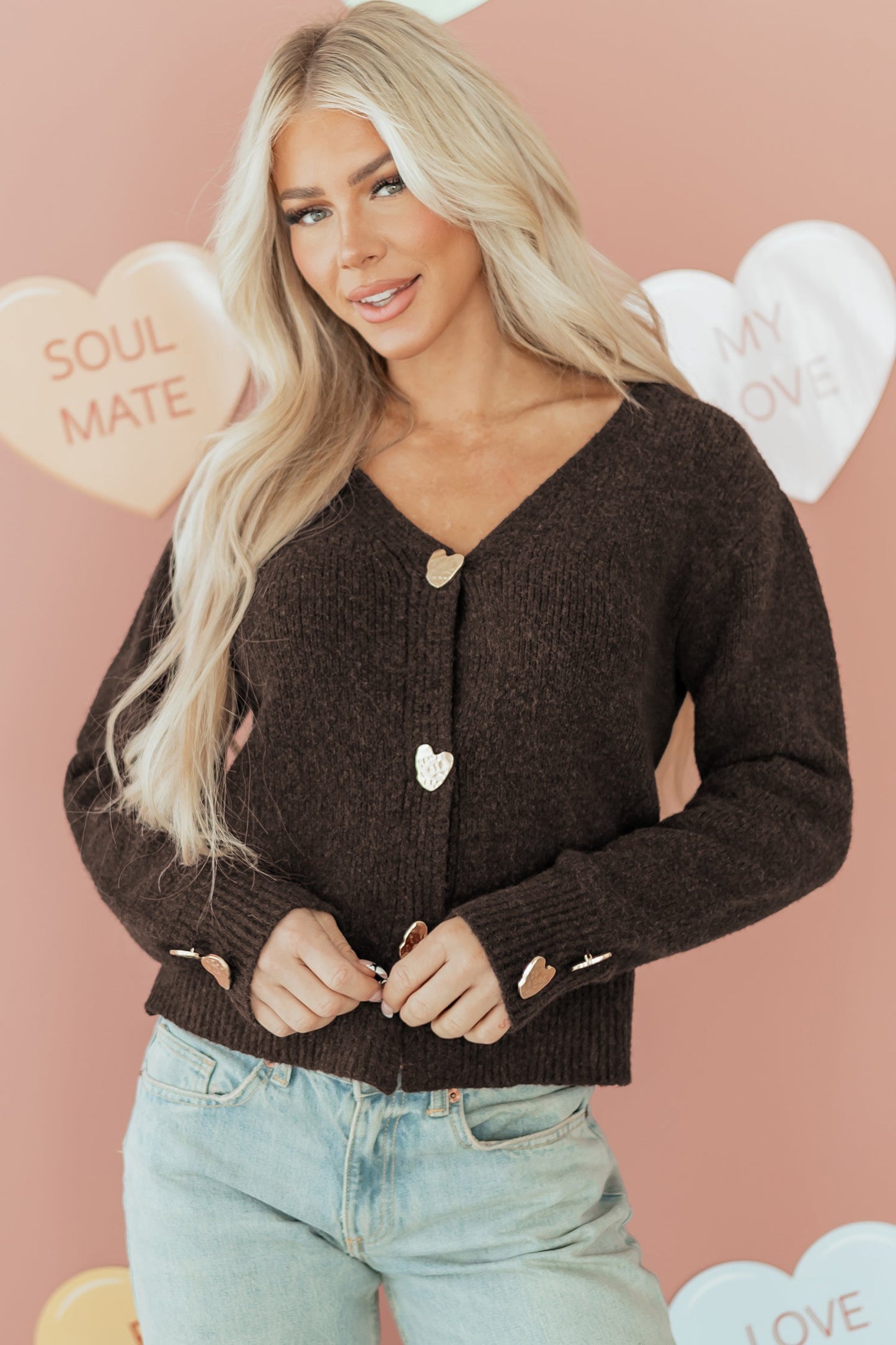 Heart Metal Button V-Neck Knit Cardigan