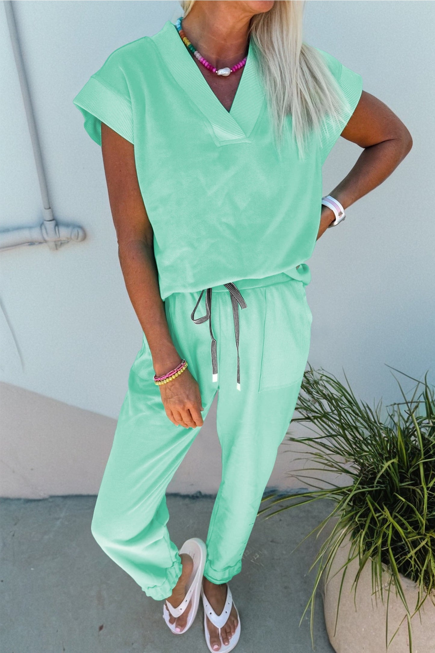Solid V-Neck Tee and Drawstring Pants