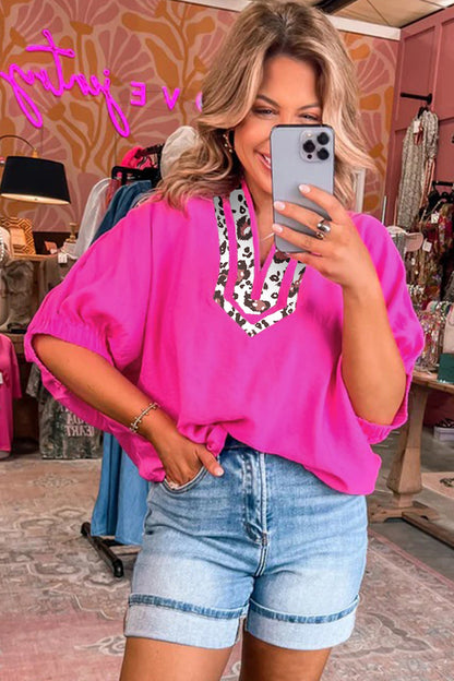 Dolman Half Sleeve Leopard Patchwork V-Neck Blouse