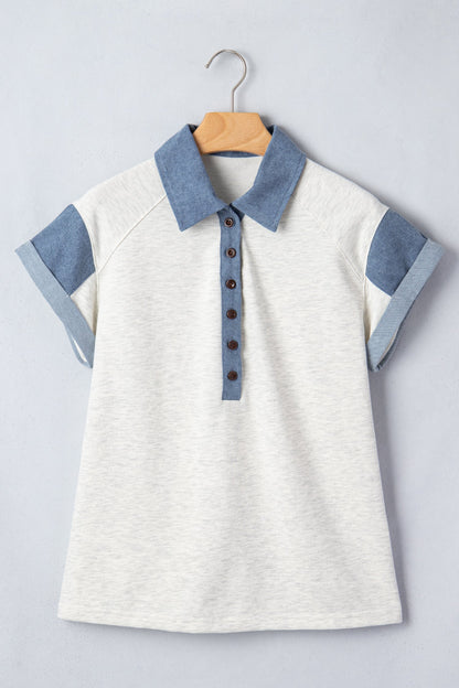 Denim Colorblock Patchwork Shirt Collar Blouse