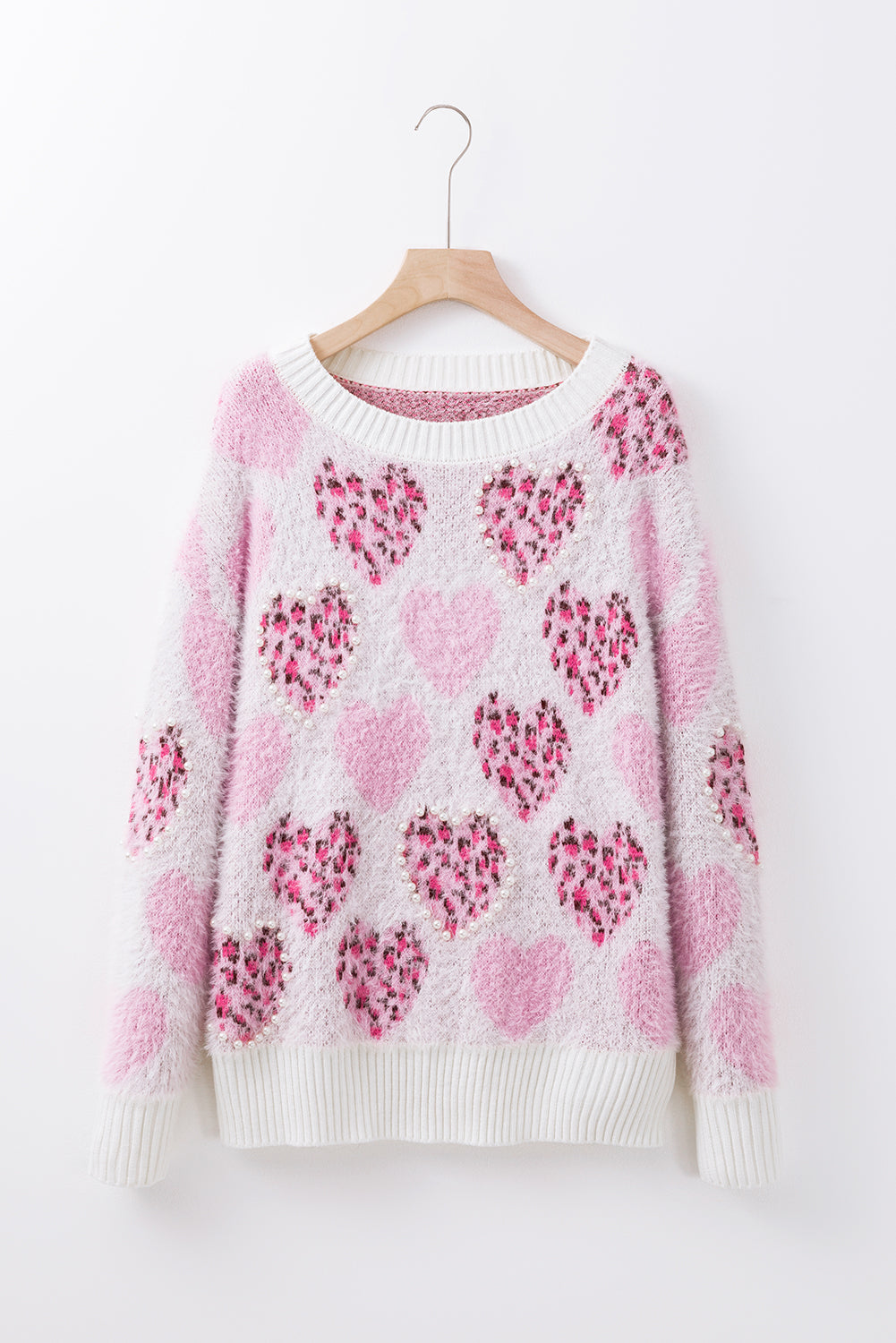 Valentine Leopard Heart Pearl Beaded Fuzzy Sweater