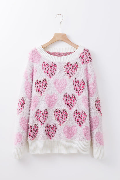 Valentine Leopard Heart Pearl Beaded Fuzzy Sweater
