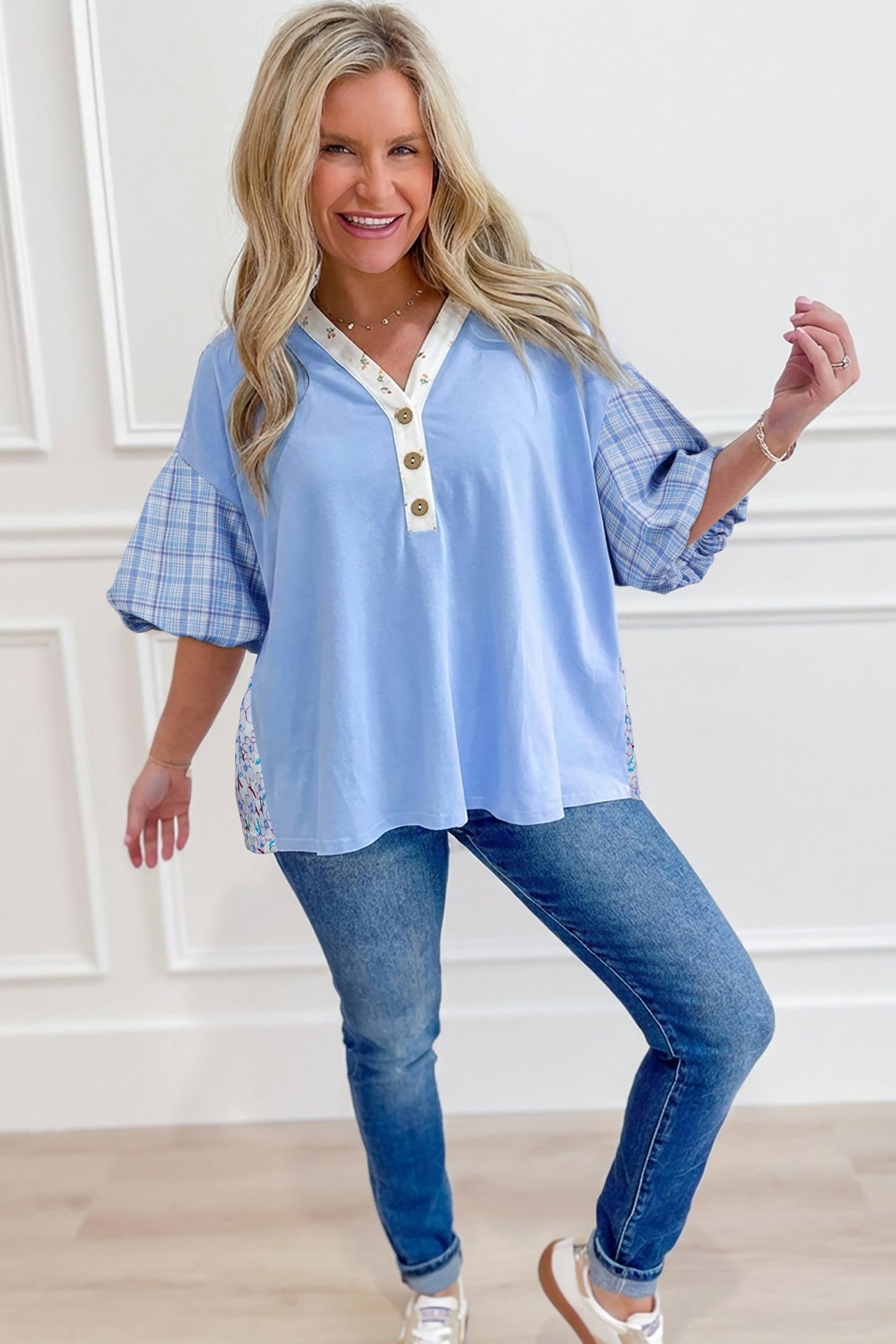 Color Block Plaid Patchwork Bubble Sleeve Blouse