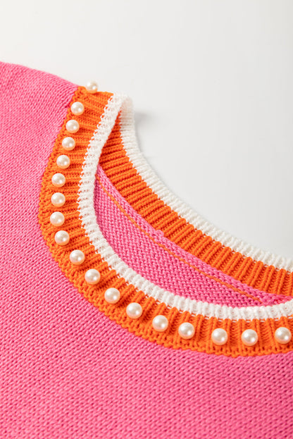Contrast Trim Pearl Crewneck Sweater Top