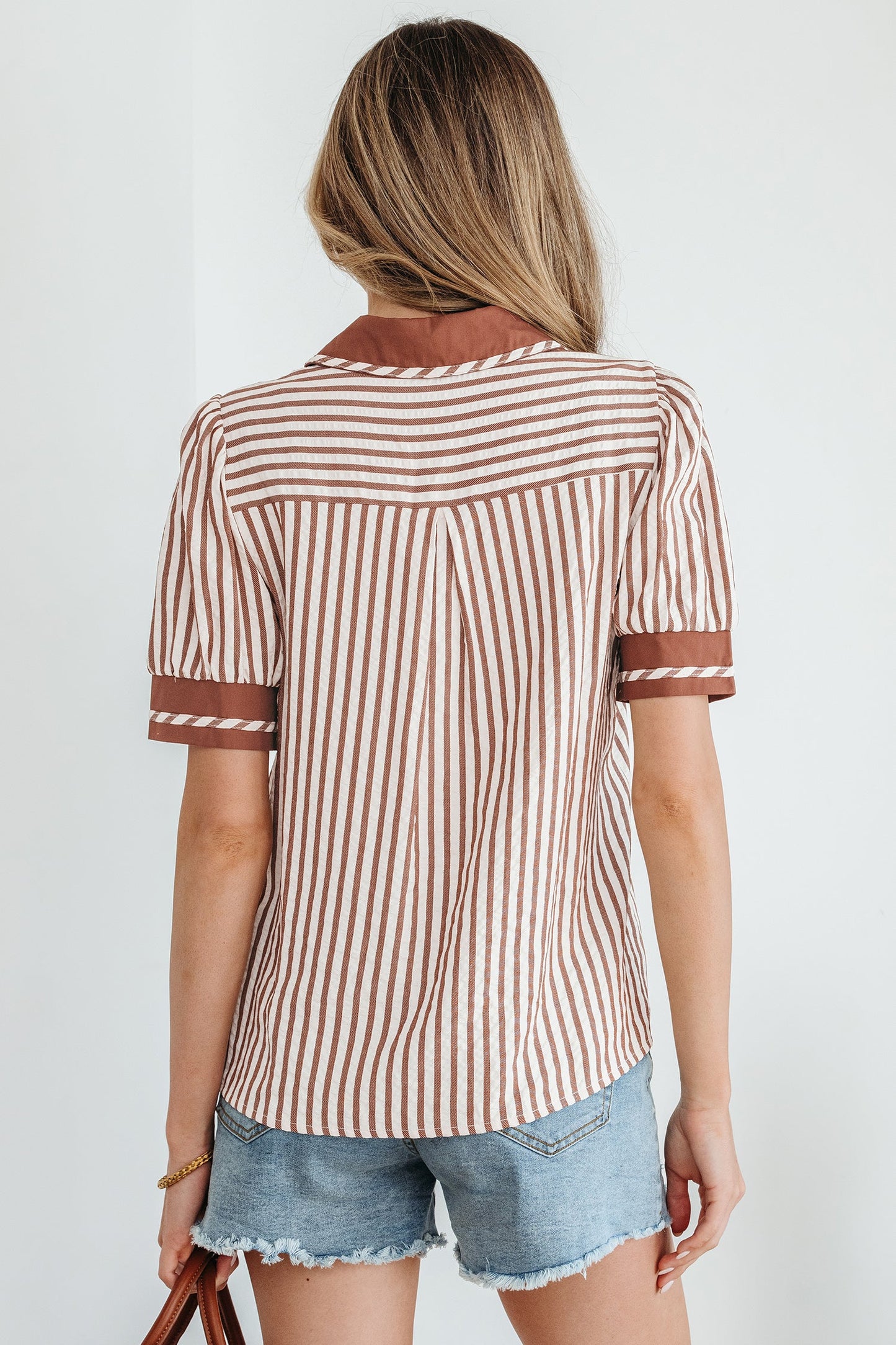 Stripe Collar Split Neck Bubble Sleeve Blouse