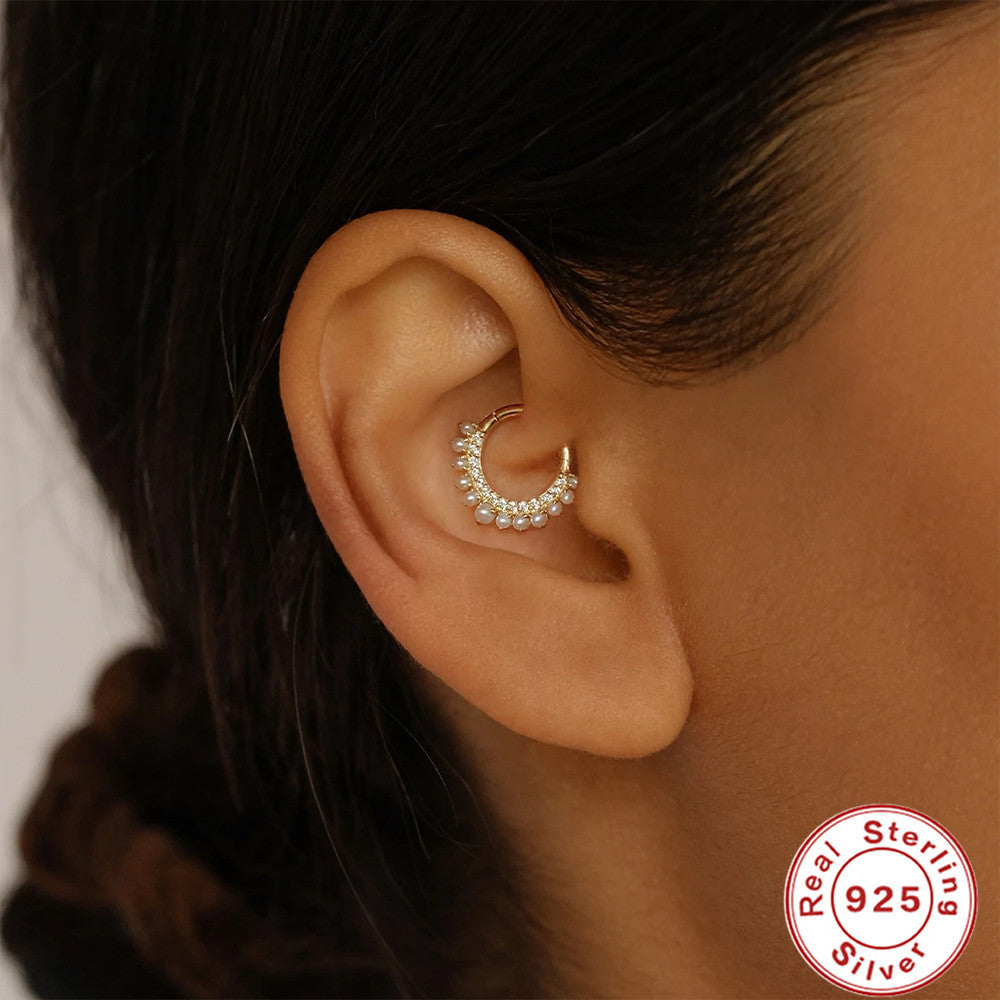 S925 Silver Double Row Rhinestone Pearl Ear Stud