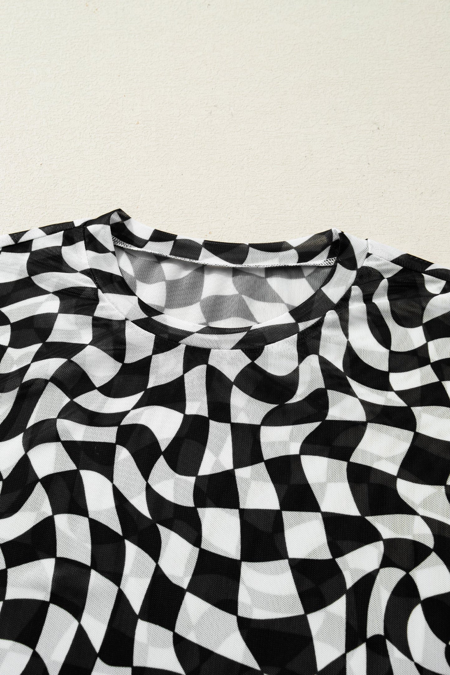 Checker Mock Neck Mesh T-Shirt