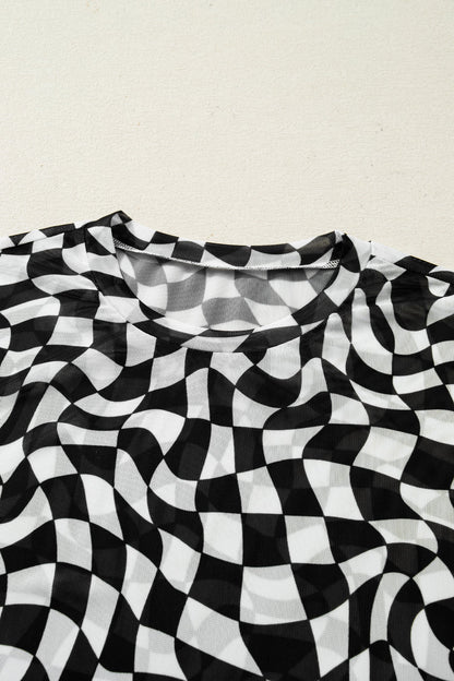 Checker Mock Neck Mesh T-Shirt