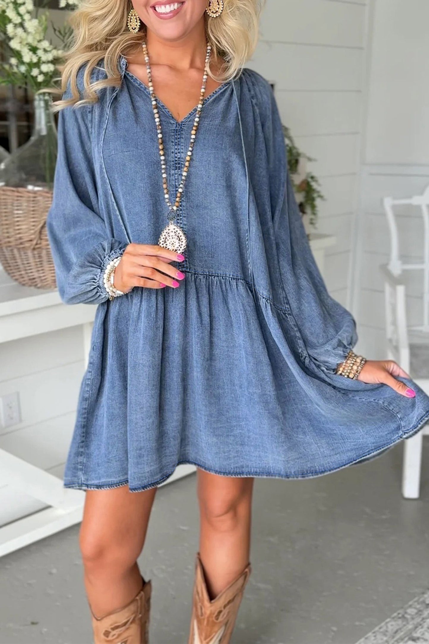 Puff Sleeve V-Neck Ruffle Denim Dress