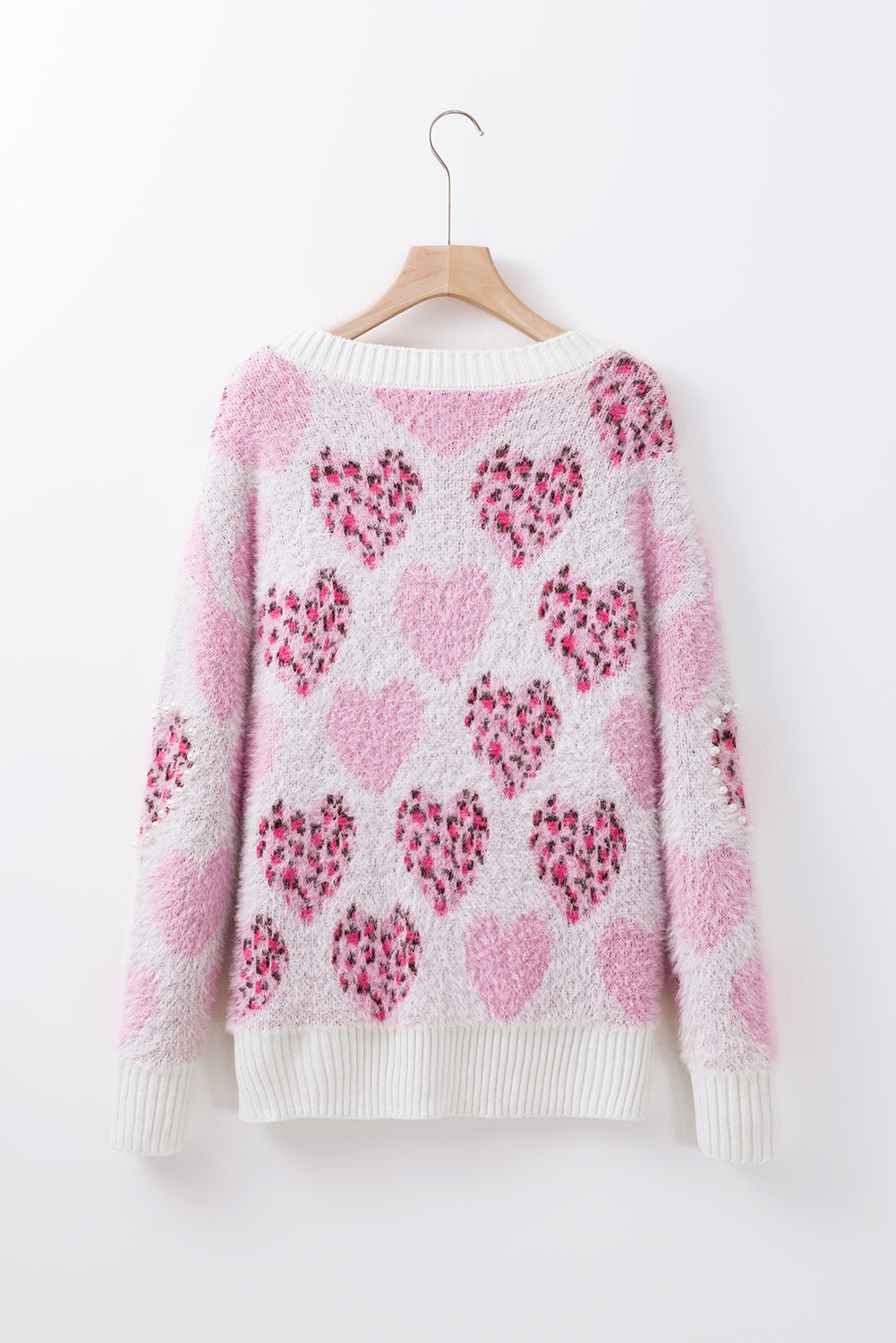 Valentine Leopard Heart Pearl Beaded Fuzzy Sweater