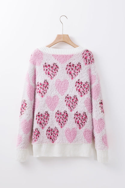 Valentine Leopard Heart Pearl Beaded Fuzzy Sweater