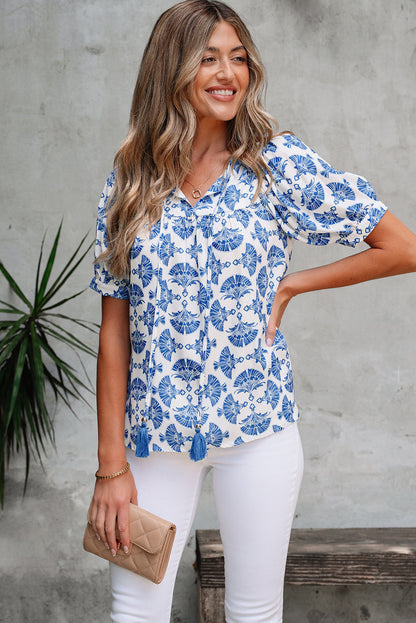 Geometric Tassel Drawstring V-Neck Blouse