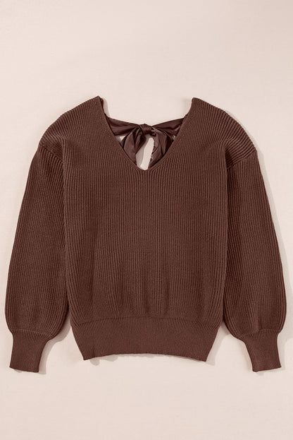 Bow Back Lantern Sleeve V-Neck Sweater