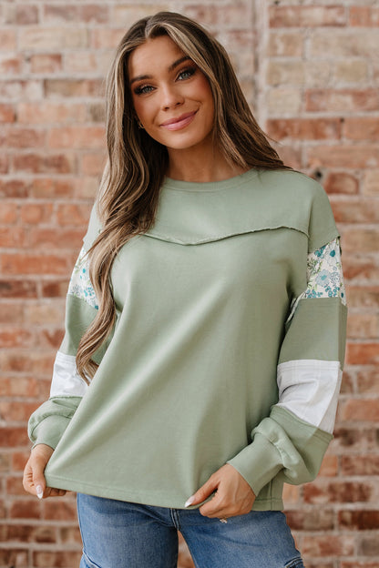 Floral Plaid Patchwork Sleeve French Terry Top