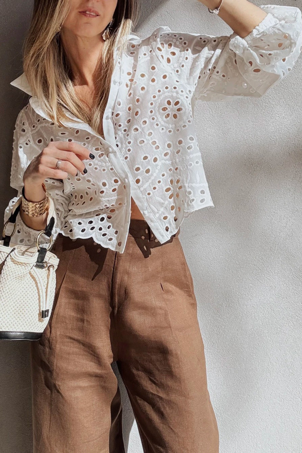 Eyelet Embroidered Puff Sleeve Cropped Shirt