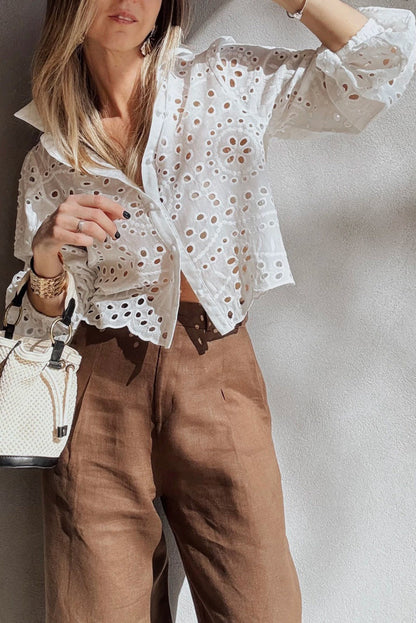 Eyelet Embroidered Puff Sleeve Cropped Shirt