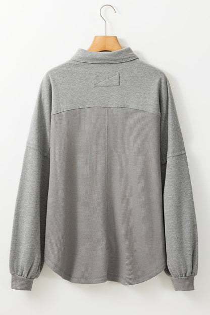 Waffle Knit Patchwork Reverse Seam Button-Up Shacket