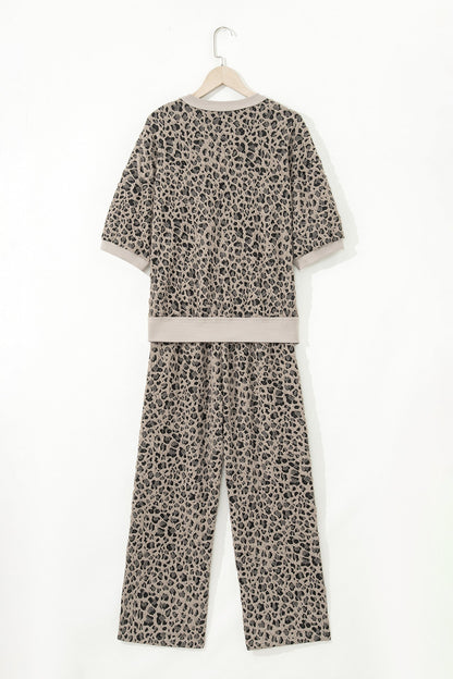 Leopard Jacquard Half Sleeve & Jumper Wide Leg Pants